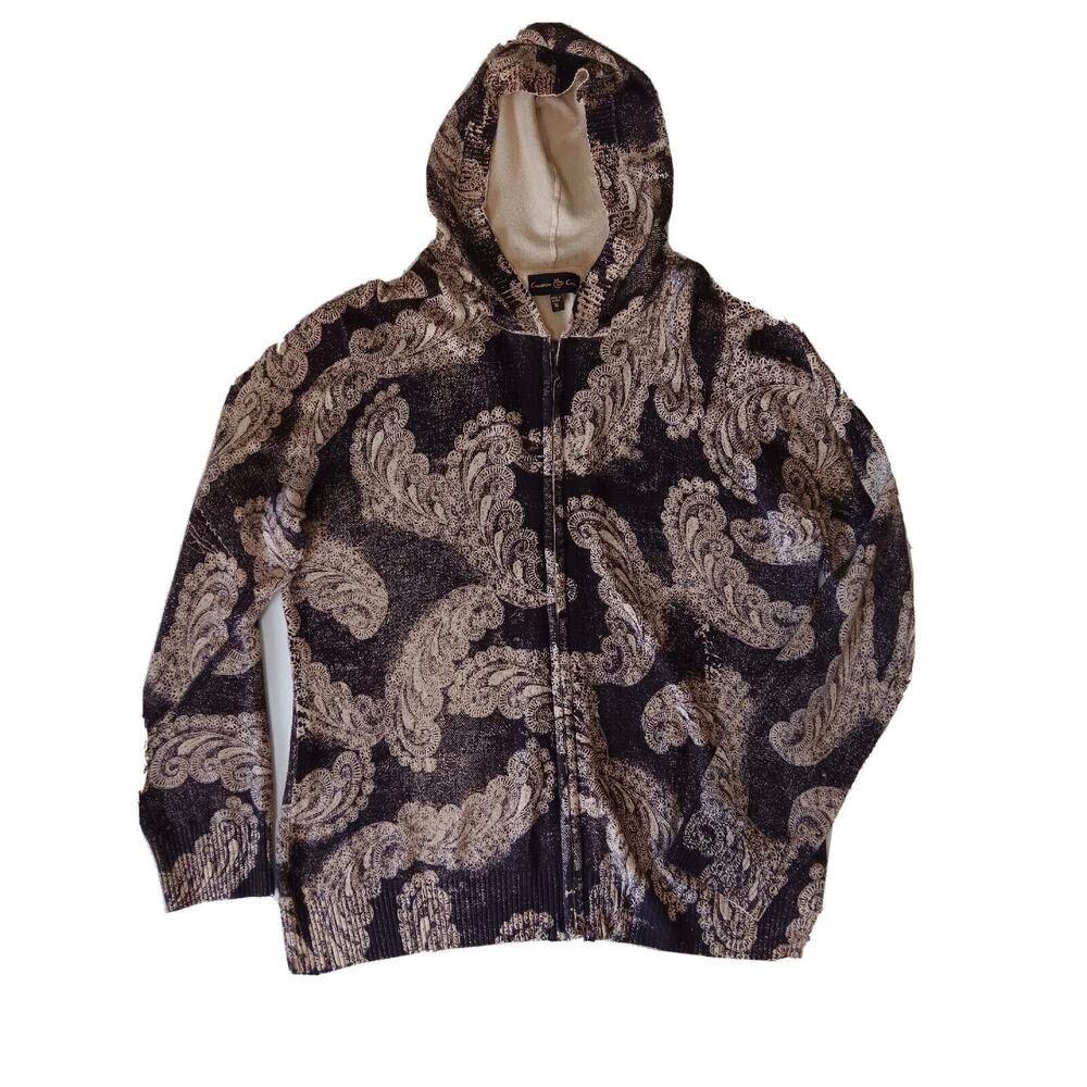 Cinnamon Cinder Zip Front Hooded Sweater Jacket Brown Tan Paisley XL
